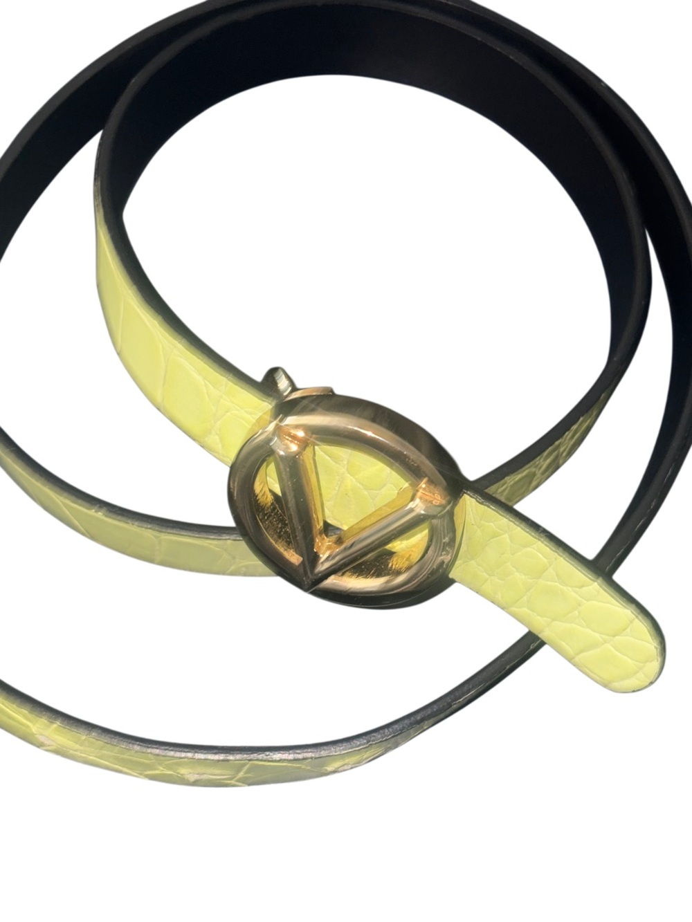 Valentino Neon Yellow Slim Leather Belt with Gold V Logo Buckle
